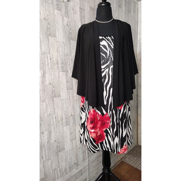 aDRESSing Woman SIZE L Shimmer Zebra Rose Short Dress Black Shrug Kimono Sleeve - Picture 9 of 13
